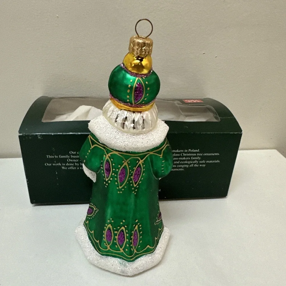 Vintage Polish Glass King with Gift Green Robe Christmas Ornament